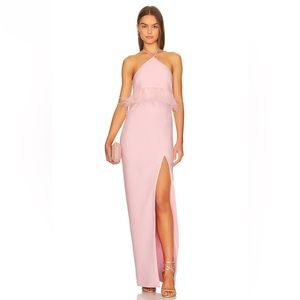 LIKELY Kimbella Maxi Gown size 0 Halter Neck Sleeveless Feathered Trim High Slit